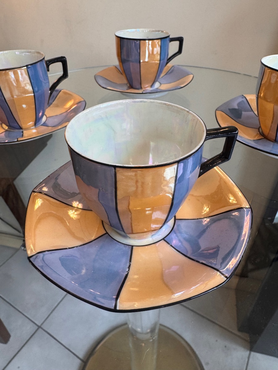 Service à Café / Thé Art Déco Signé «  Union K » en porcelaine irisée à formes géométriques -photo-5