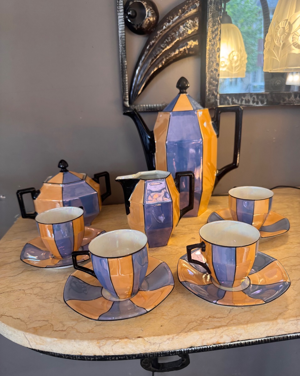 Service à Café / Thé Art Déco Signé «  Union K » en porcelaine irisée à formes géométriques -photo-8