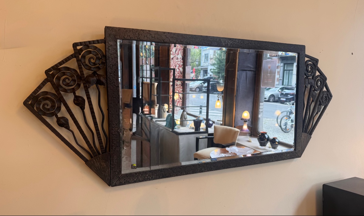 Rectangular Art Deco Mirror In Patinated And Ornamental Wrought Iron With Bevelled Glass 1930-photo-2