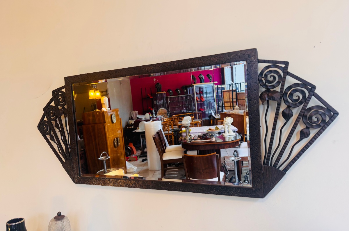 Rectangular Art Deco Mirror In Patinated And Ornamental Wrought Iron With Bevelled Glass 1930-photo-3