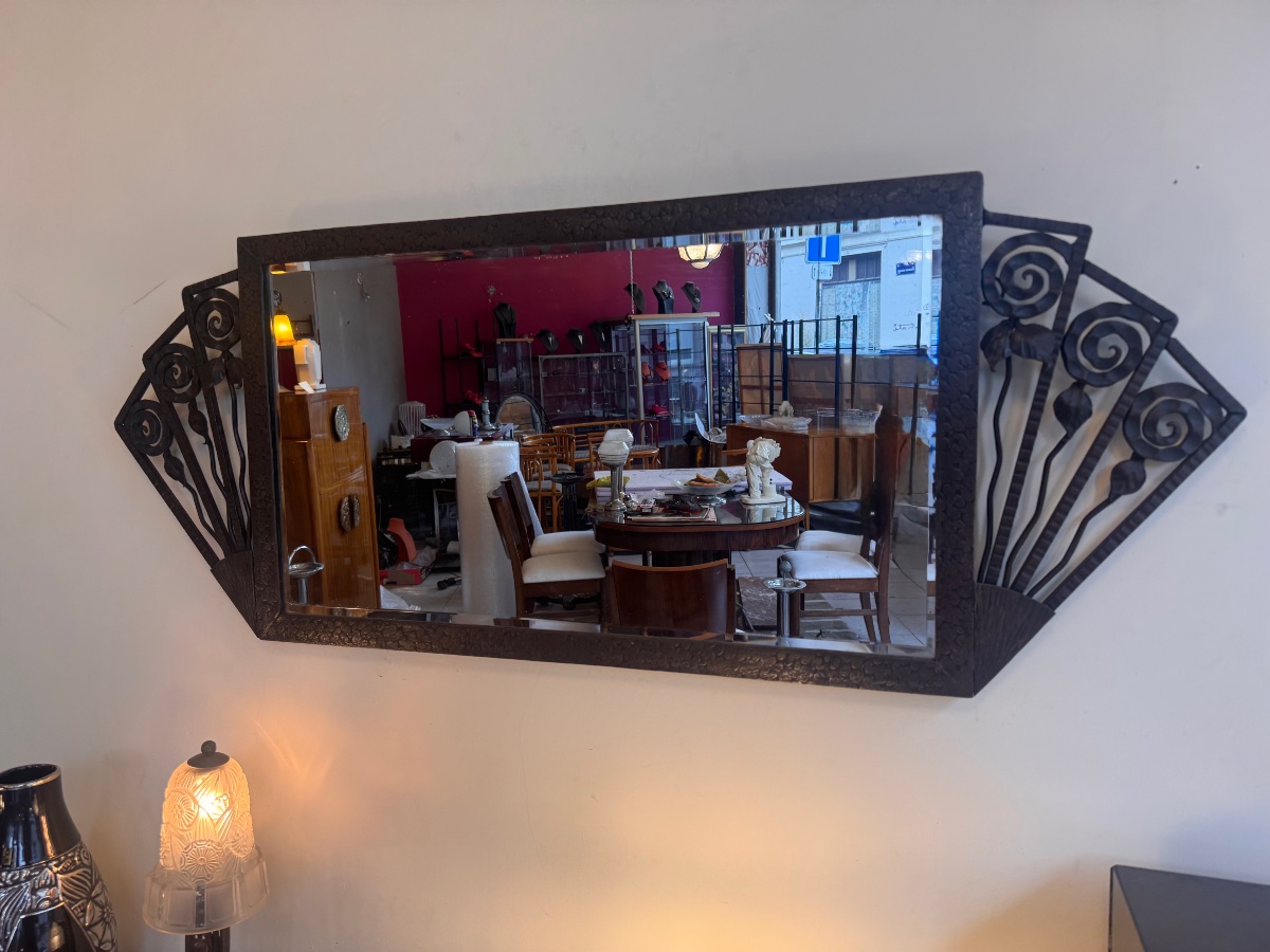 Rectangular Art Deco Mirror In Patinated And Ornamental Wrought Iron With Bevelled Glass 1930-photo-4