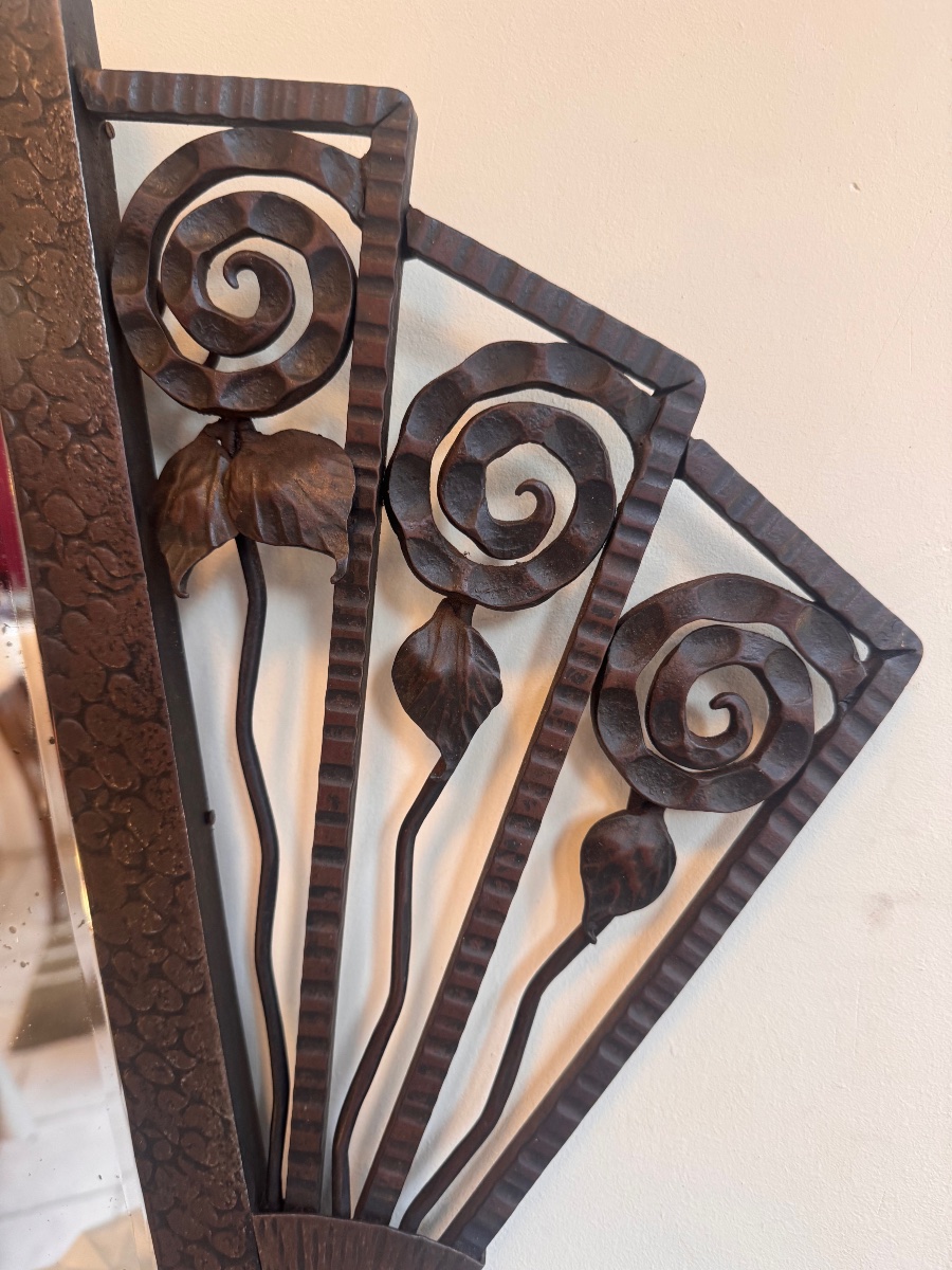 Rectangular Art Deco Mirror In Patinated And Ornamental Wrought Iron With Bevelled Glass 1930-photo-2
