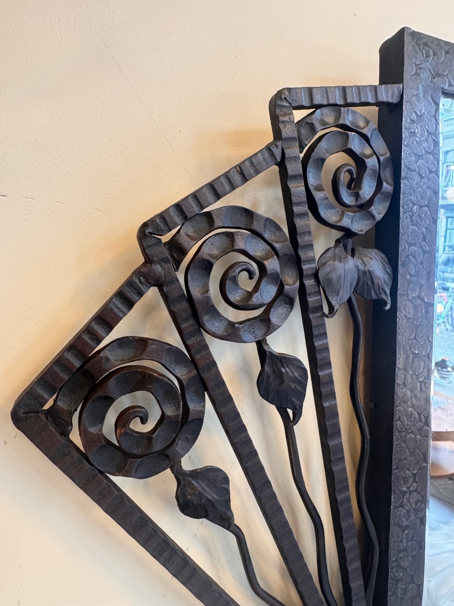 Rectangular Art Deco Mirror In Patinated And Ornamental Wrought Iron With Bevelled Glass 1930-photo-5