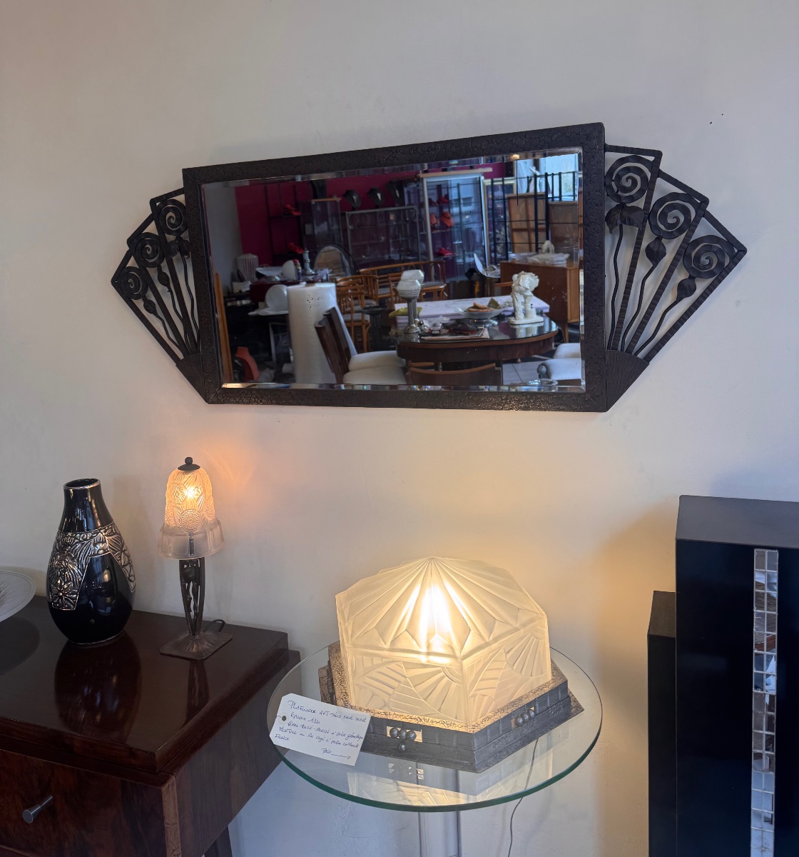 Rectangular Art Deco Mirror In Patinated And Ornamental Wrought Iron With Bevelled Glass 1930-photo-6