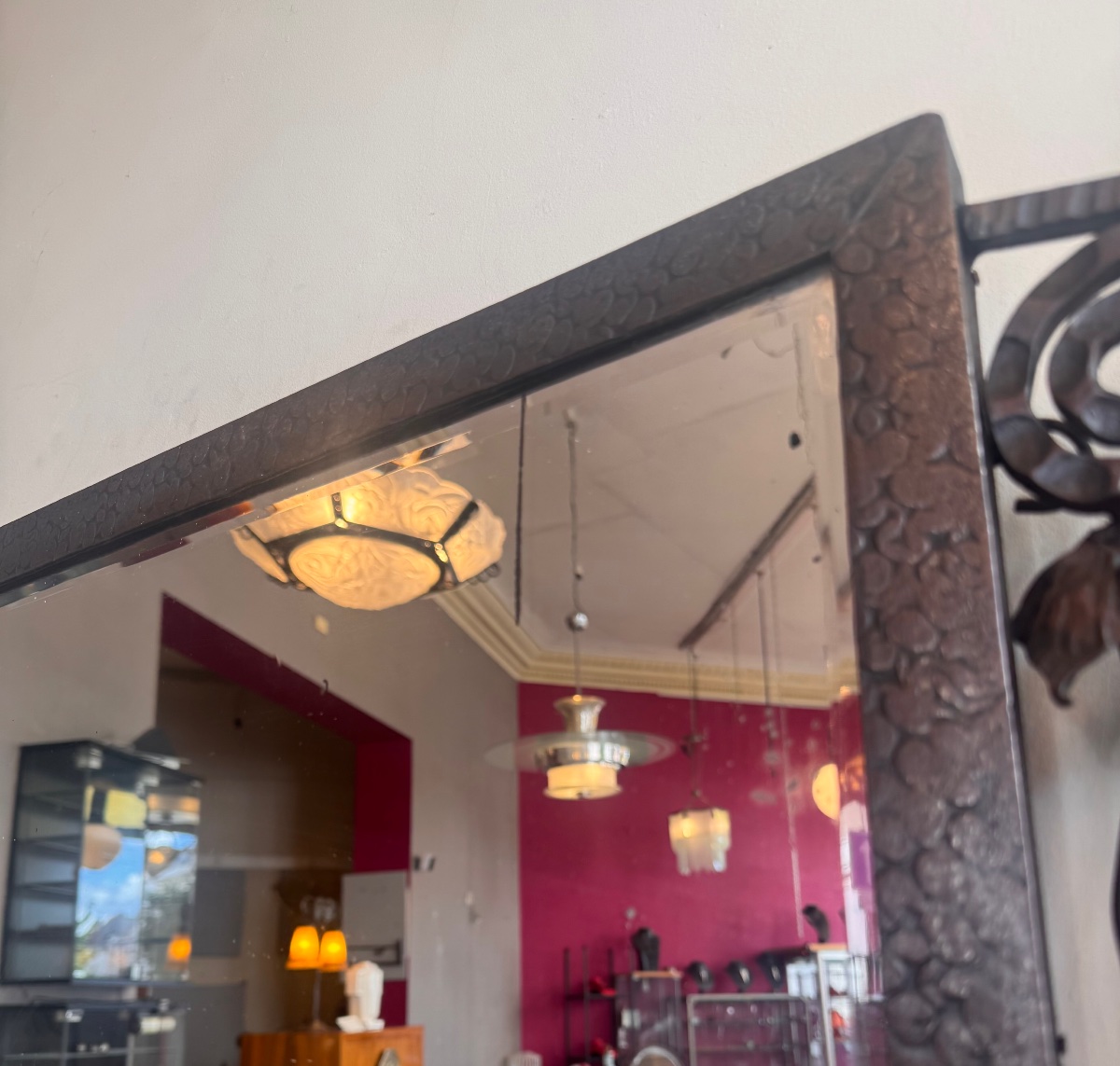 Rectangular Art Deco Mirror In Patinated And Ornamental Wrought Iron With Bevelled Glass 1930-photo-7