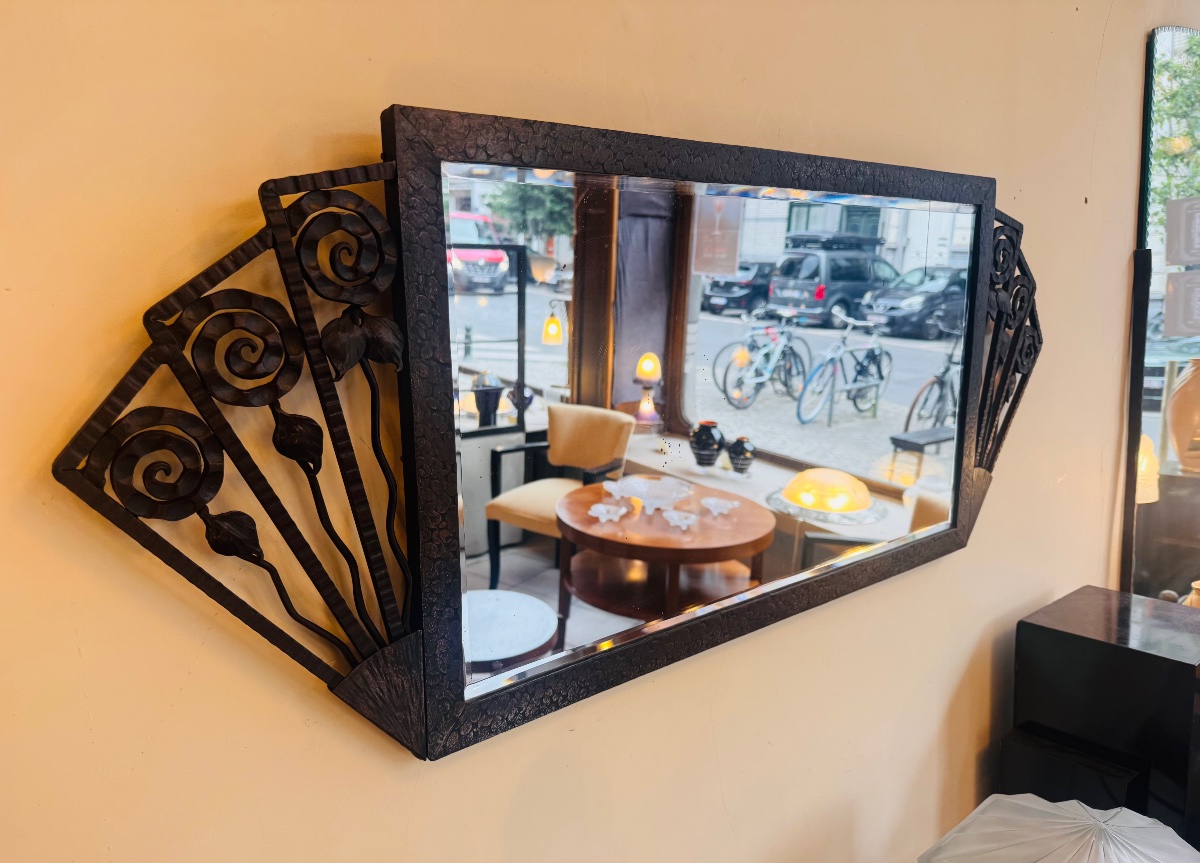 Rectangular Art Deco Mirror In Patinated And Ornamental Wrought Iron With Bevelled Glass 1930-photo-8