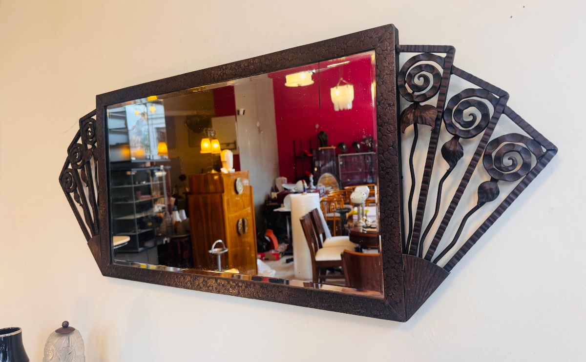 Rectangular Art Deco Mirror In Patinated And Ornamental Wrought Iron With Bevelled Glass 1930