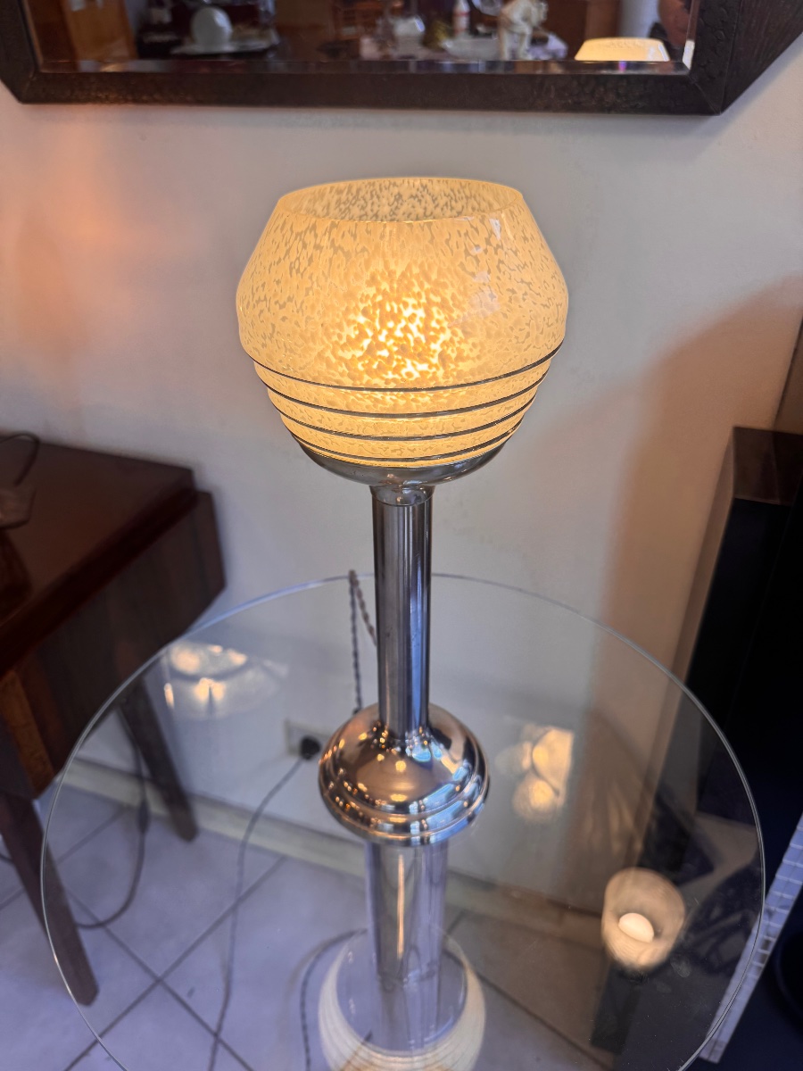 Modernist Art Deco Lamp Made Of Clichy Glass / Chrome-plated Aluminum, Circa 1935 (art Deco, 1930s) -photo-3