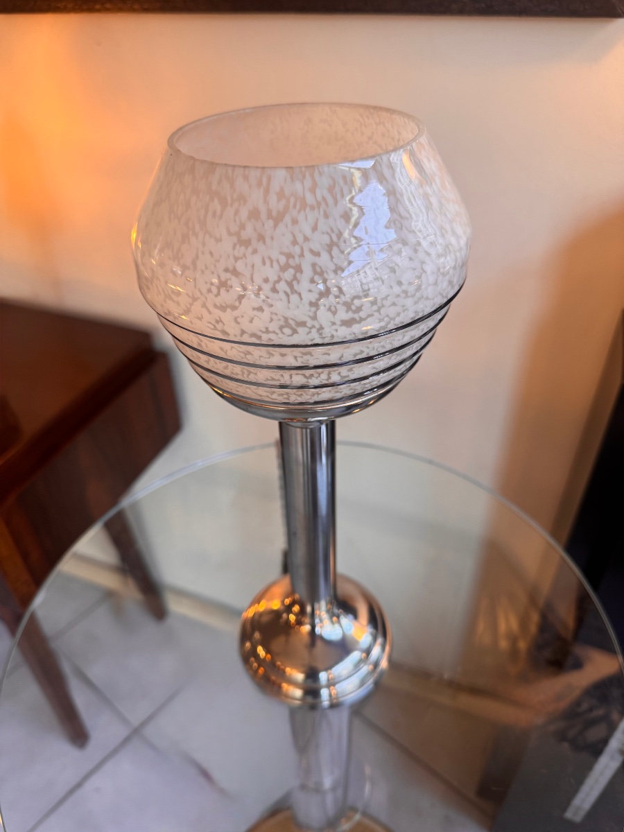 Modernist Art Deco Lamp Made Of Clichy Glass / Chrome-plated Aluminum, Circa 1935 (art Deco, 1930s) -photo-2