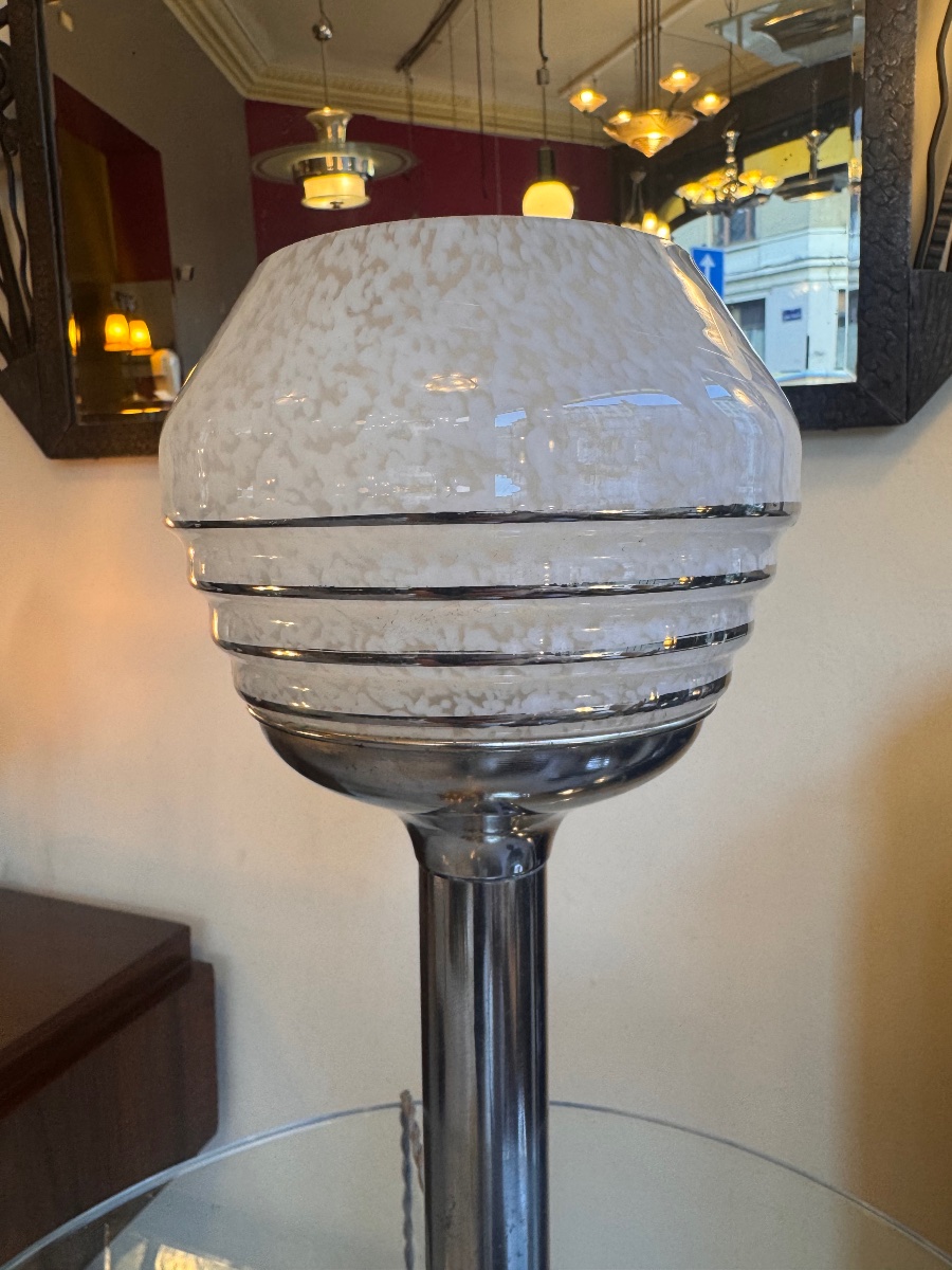 Modernist Art Deco Lamp Made Of Clichy Glass / Chrome-plated Aluminum, Circa 1935 (art Deco, 1930s) -photo-3