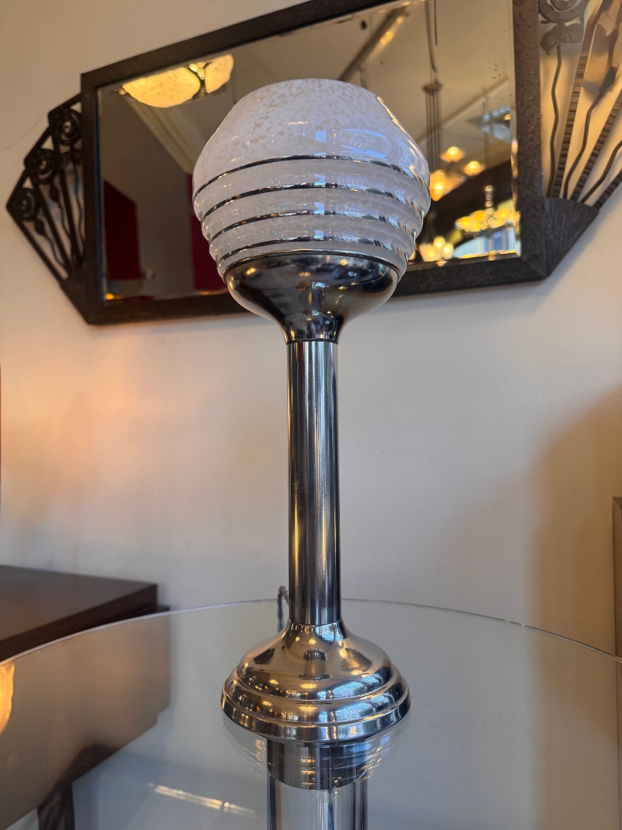 Modernist Art Deco Lamp Made Of Clichy Glass / Chrome-plated Aluminum, Circa 1935 (art Deco, 1930s) -photo-5