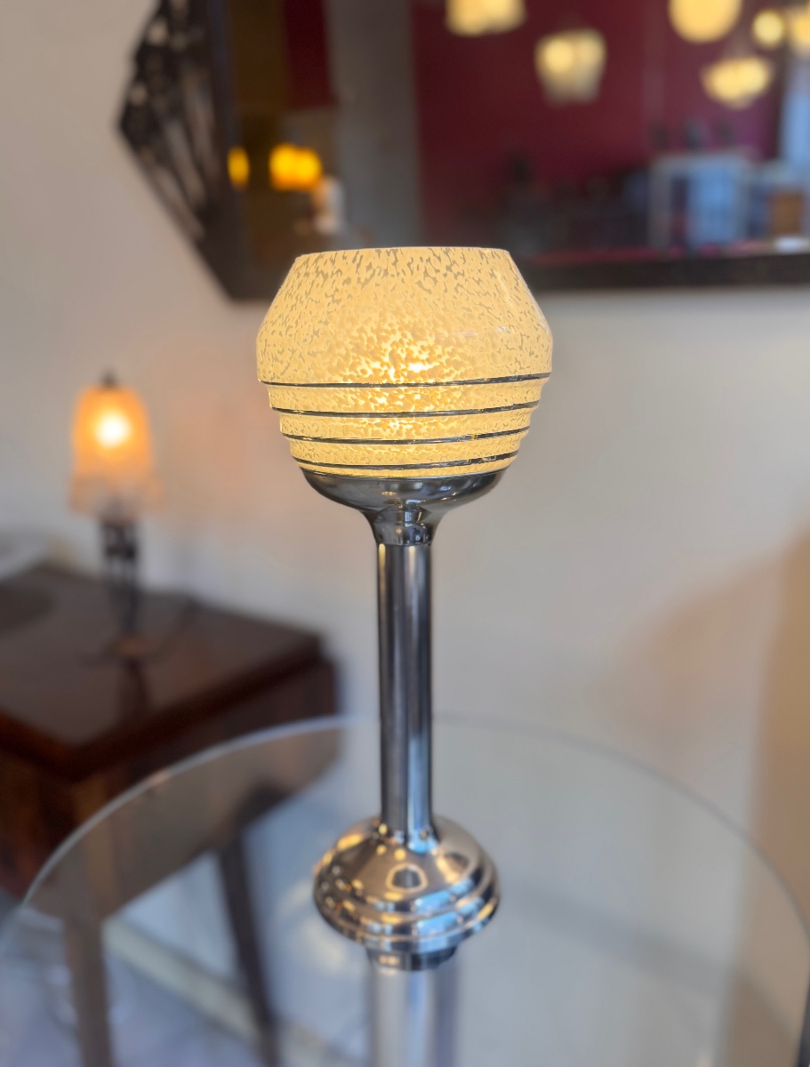 Modernist Art Deco Lamp Made Of Clichy Glass / Chrome-plated Aluminum, Circa 1935 (art Deco, 1930s) 