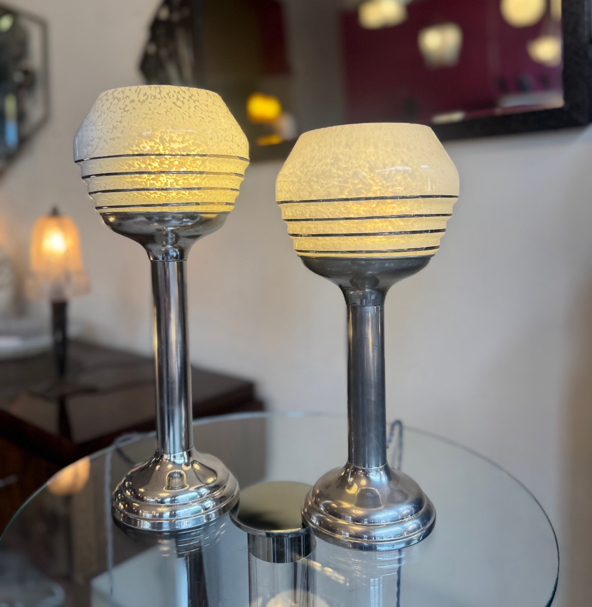 Ensemble ( Paire ) de Lampes Art Déco Moderniste Verrerie de Clichy / aluminium chromé ( 1930 )-photo-2