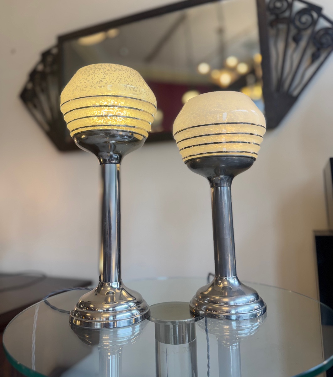 Ensemble ( Paire ) de Lampes Art Déco Moderniste Verrerie de Clichy / aluminium chromé ( 1930 )-photo-4