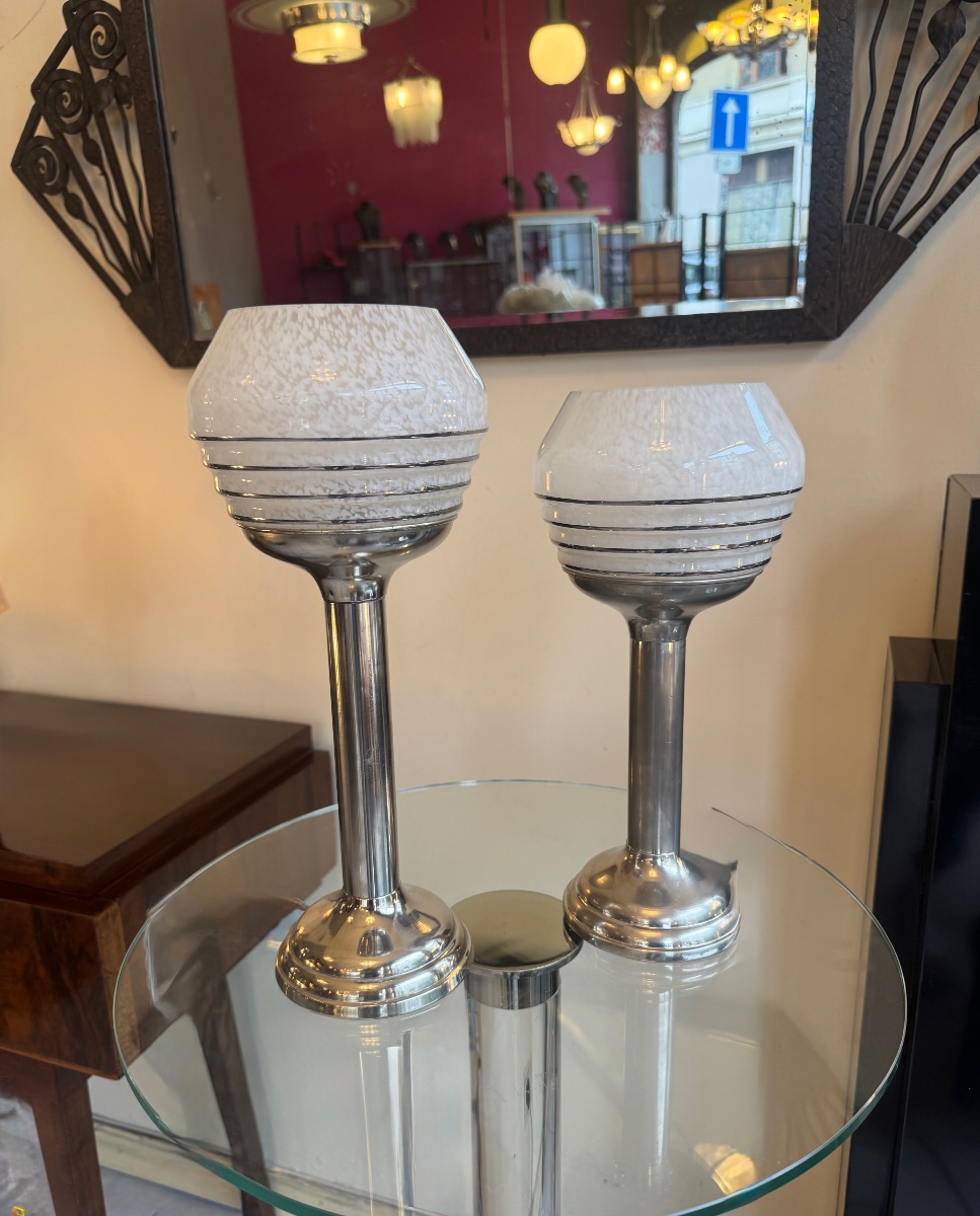 Ensemble ( Paire ) de Lampes Art Déco Moderniste Verrerie de Clichy / aluminium chromé ( 1930 )-photo-3