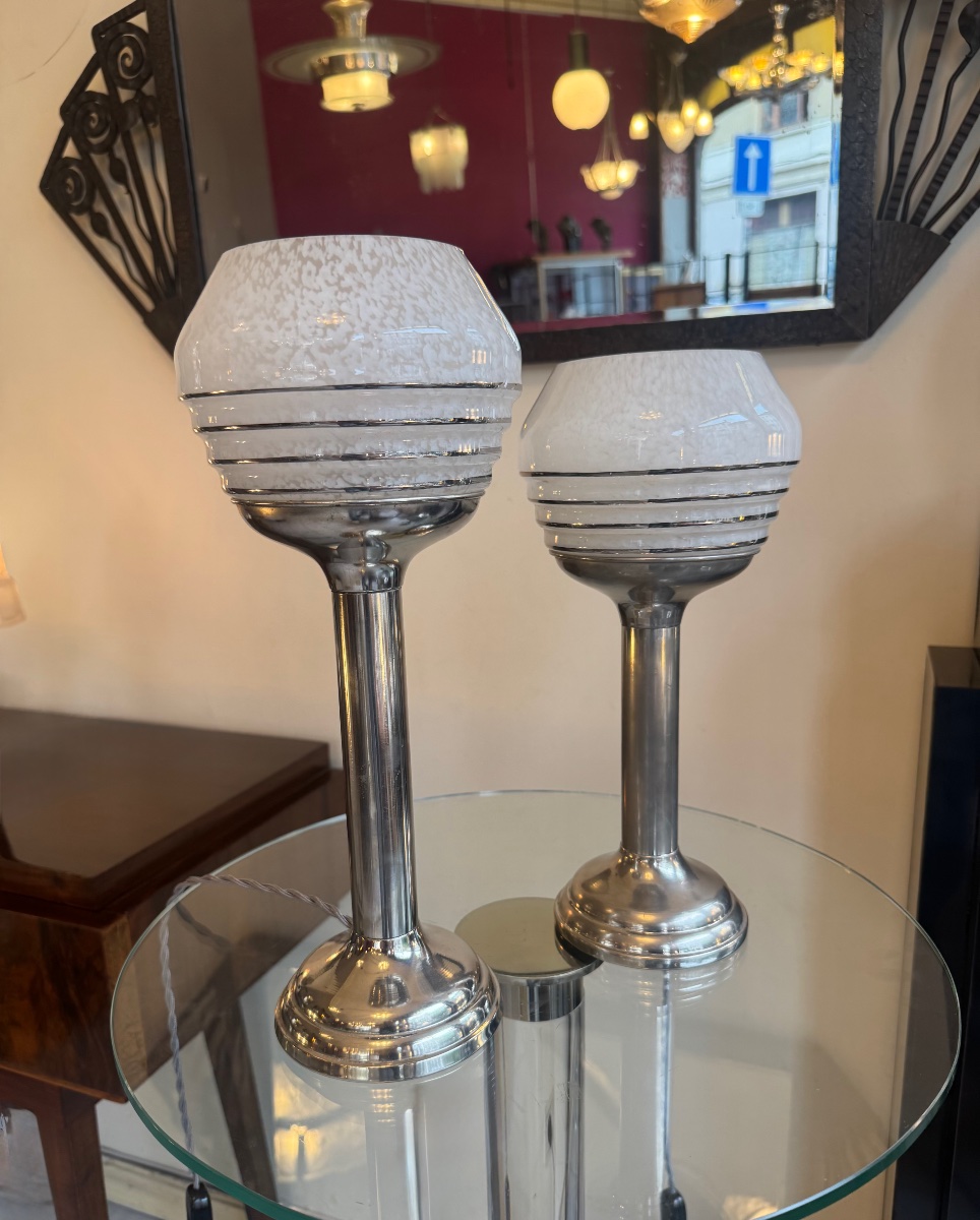 Ensemble ( Paire ) de Lampes Art Déco Moderniste Verrerie de Clichy / aluminium chromé ( 1930 )-photo-5