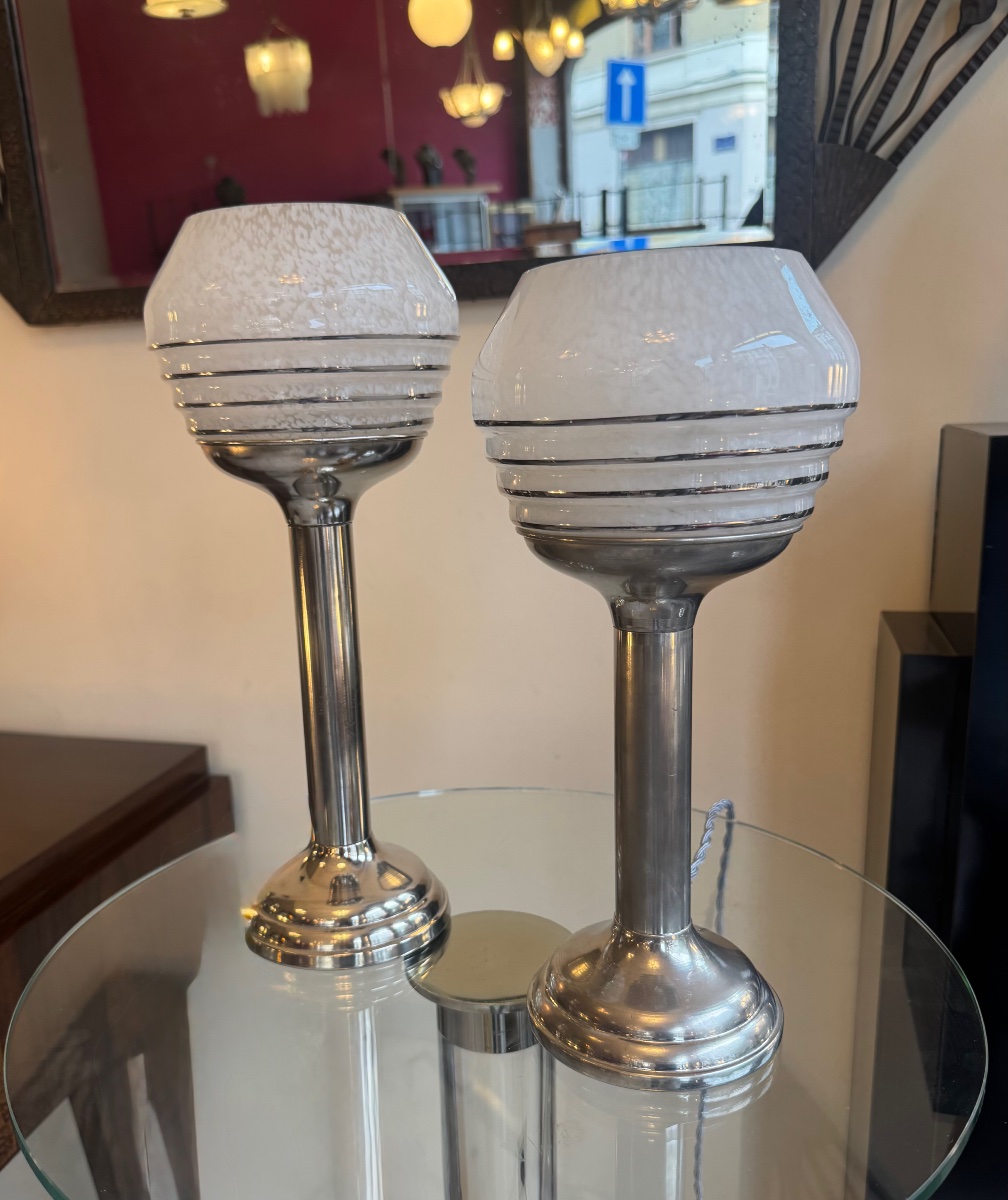 Ensemble ( Paire ) de Lampes Art Déco Moderniste Verrerie de Clichy / aluminium chromé ( 1930 )-photo-6