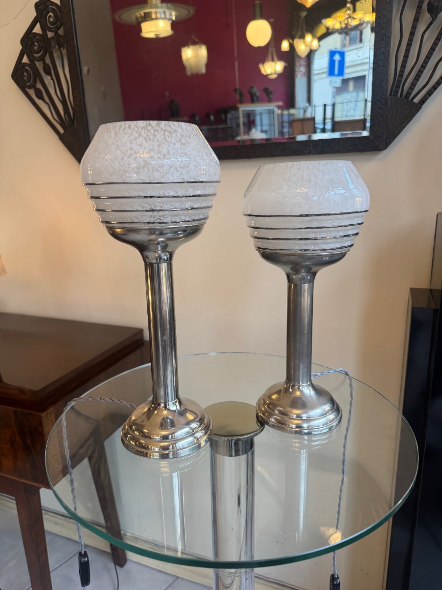 Ensemble ( Paire ) de Lampes Art Déco Moderniste Verrerie de Clichy / aluminium chromé ( 1930 )-photo-7