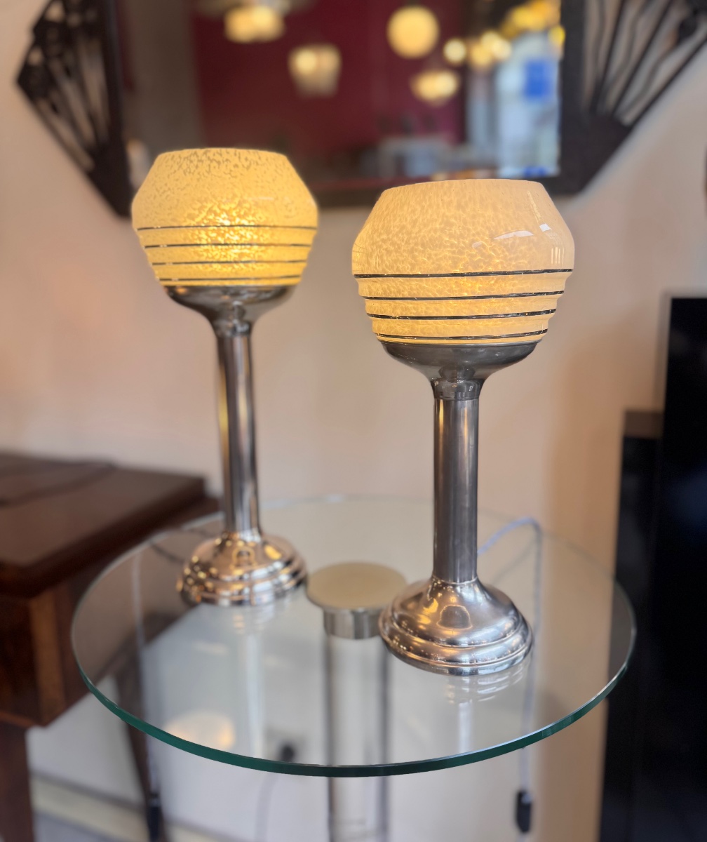 Ensemble ( Paire ) de Lampes Art Déco Moderniste Verrerie de Clichy / aluminium chromé ( 1930 )