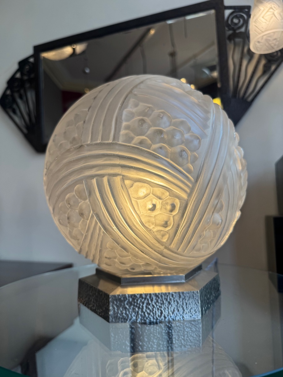 Important Art Deco Lamp By Hettier & Vincent, “turbans” Model / Nickel-plated Bronze (1930s Art Deco) -photo-2