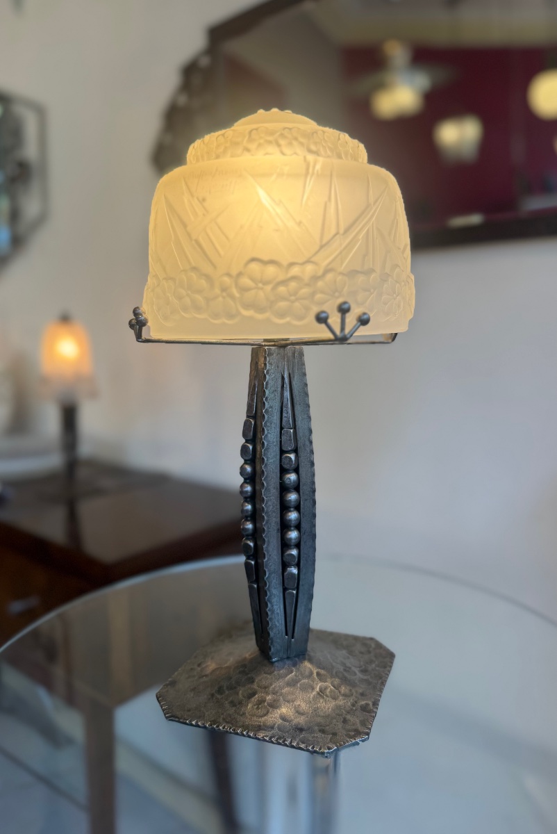 Importante Lampe Art Déco Signée Müller Frères Lunéville / Fer forgé anthracite ( deco 1930 )-photo-2