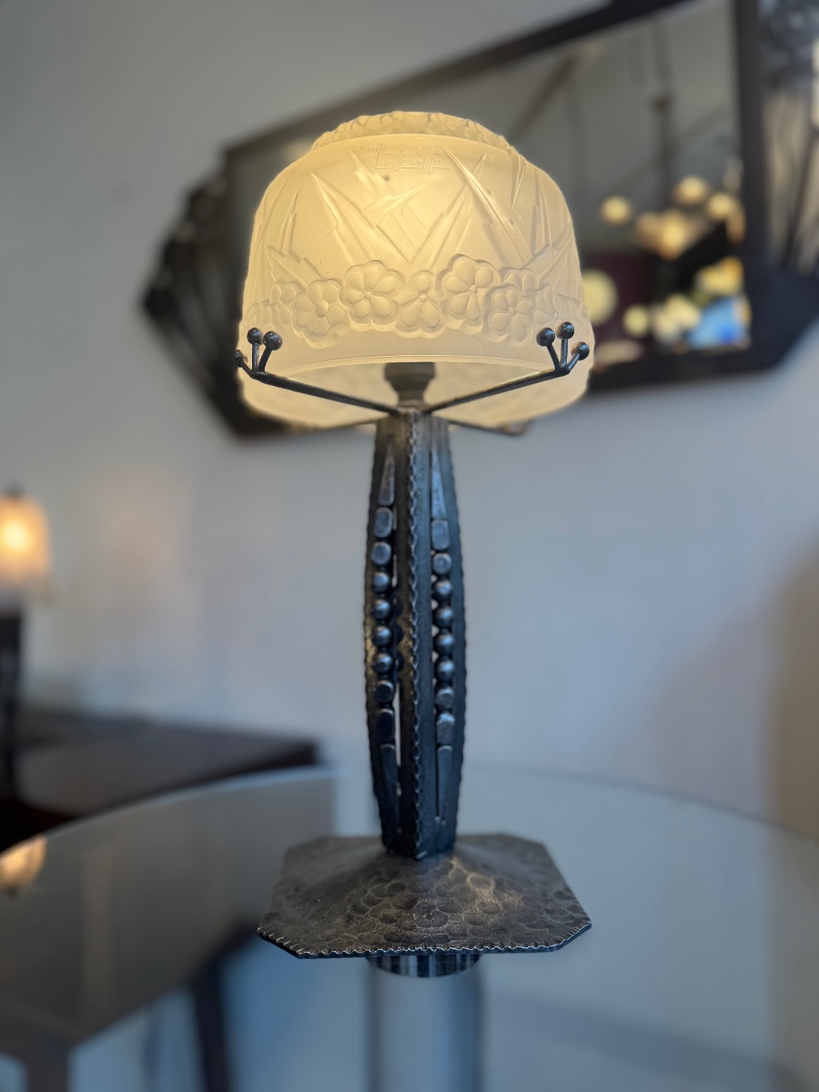 Importante Lampe Art Déco Signée Müller Frères Lunéville / Fer forgé anthracite ( deco 1930 )-photo-3