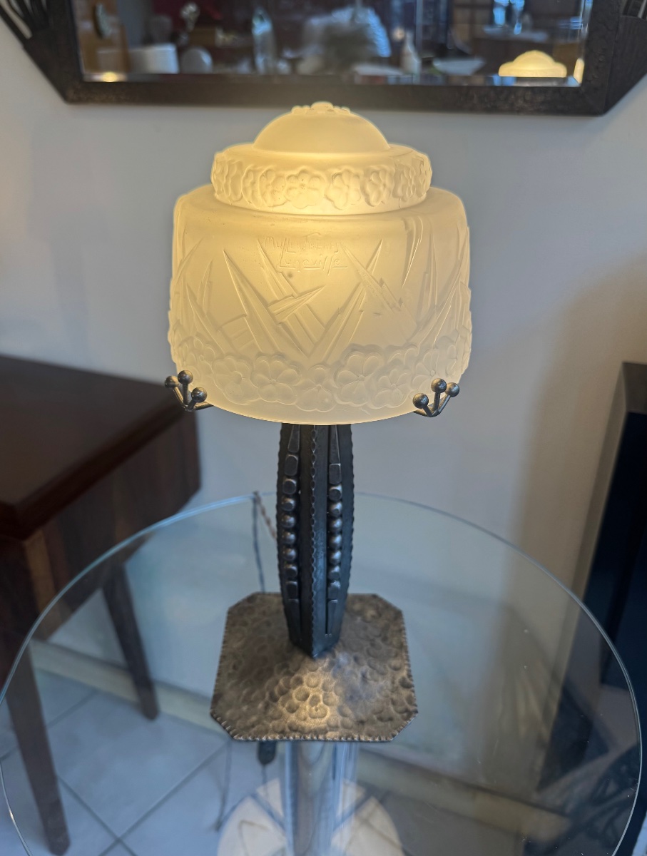 Importante Lampe Art Déco Signée Müller Frères Lunéville / Fer forgé anthracite ( deco 1930 )-photo-4