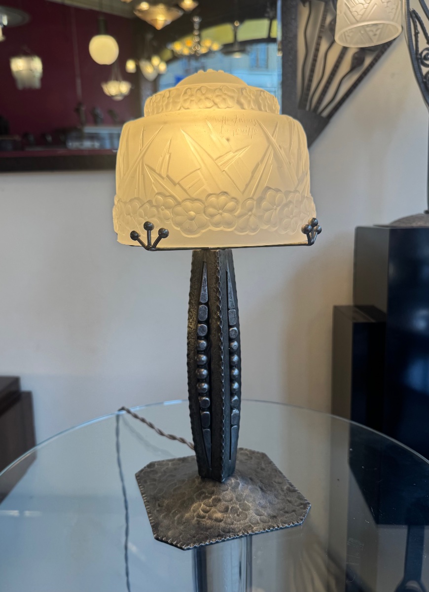 Importante Lampe Art Déco Signée Müller Frères Lunéville / Fer forgé anthracite ( deco 1930 )-photo-1
