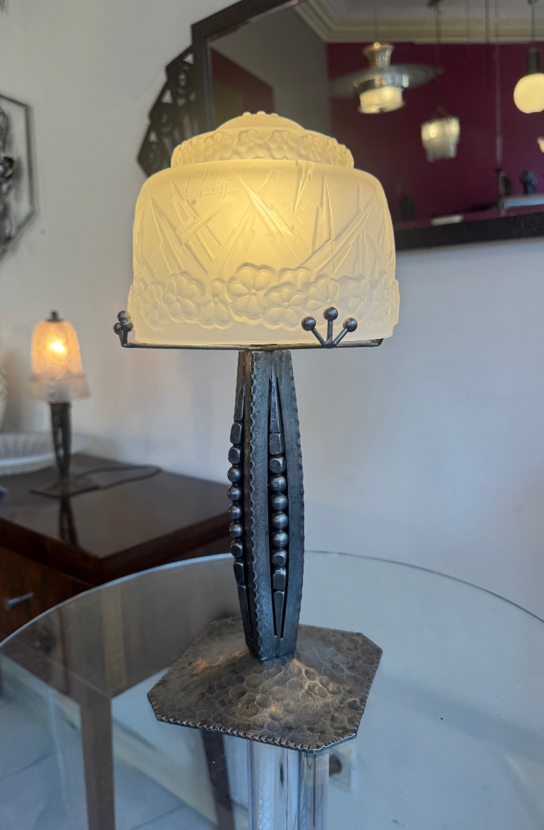 Importante Lampe Art Déco Signée Müller Frères Lunéville / Fer forgé anthracite ( deco 1930 )-photo-2