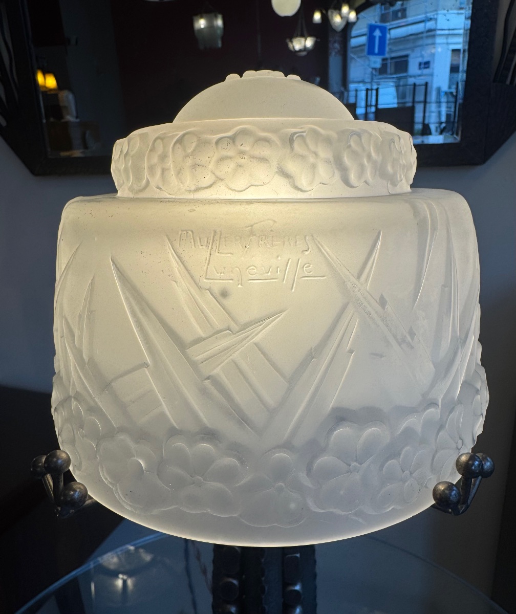 Importante Lampe Art Déco Signée Müller Frères Lunéville / Fer forgé anthracite ( deco 1930 )-photo-4