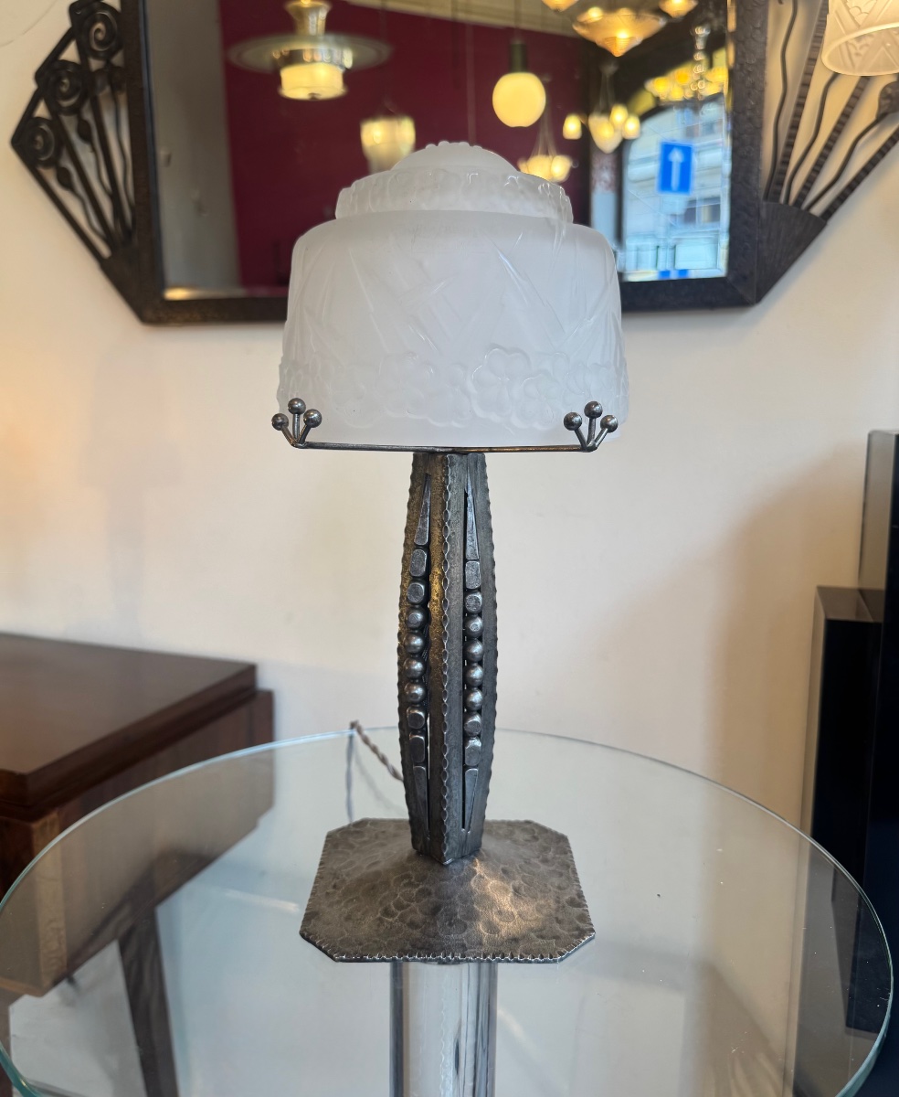 Importante Lampe Art Déco Signée Müller Frères Lunéville / Fer forgé anthracite ( deco 1930 )-photo-7