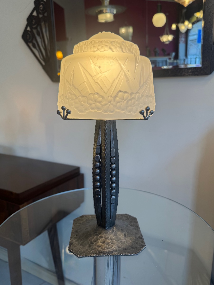 Importante Lampe Art Déco Signée Müller Frères Lunéville / Fer forgé anthracite ( deco 1930 )