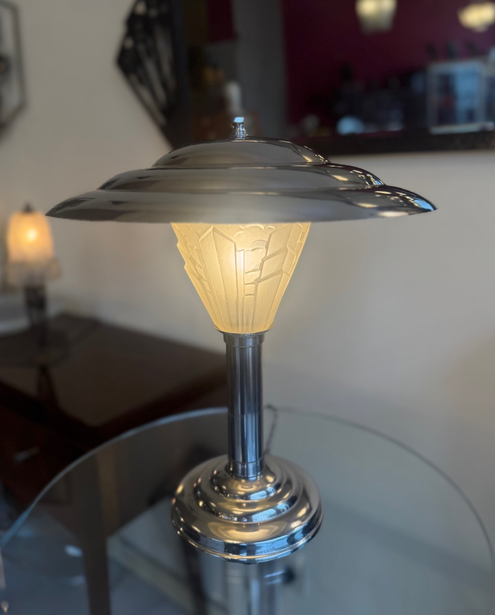 Lampe Art Déco Moderniste en métal chromé et verre pressé / Réflecteur pivotant ( deco 1930 ) -photo-3