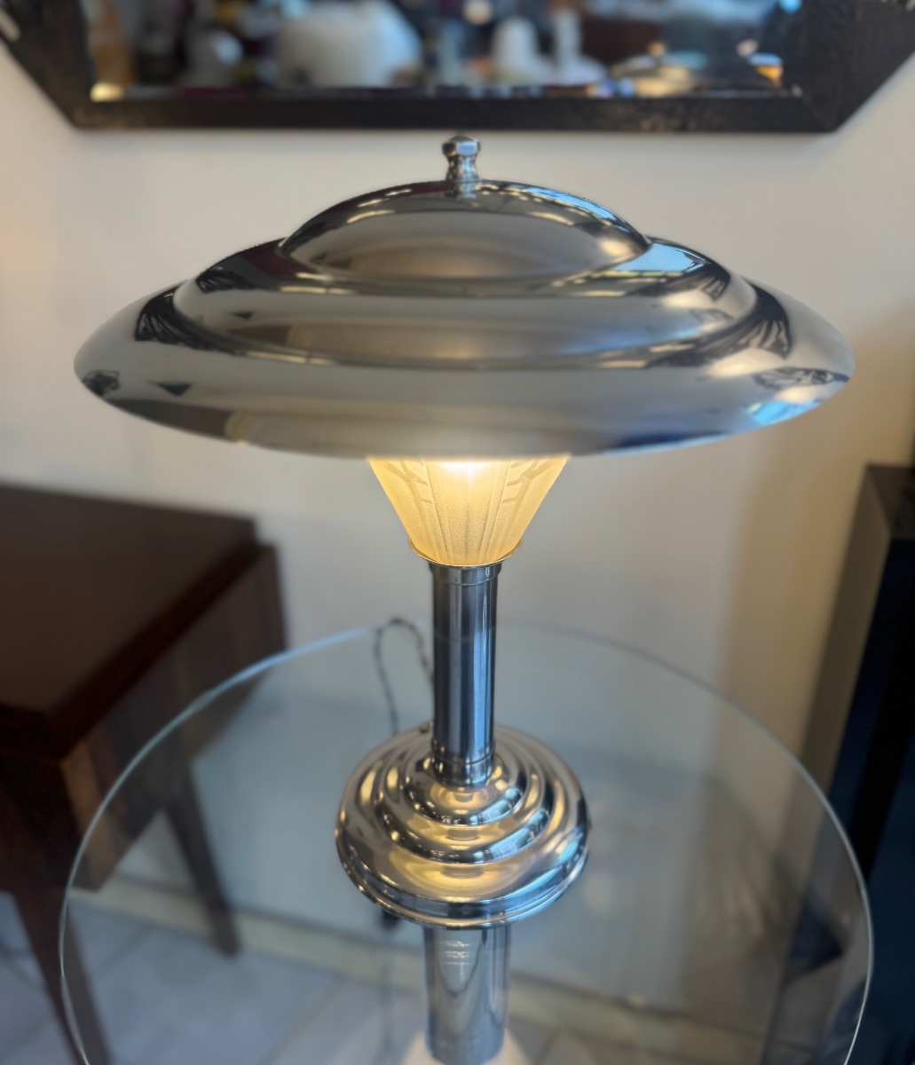 Lampe Art Déco Moderniste en métal chromé et verre pressé / Réflecteur pivotant ( deco 1930 ) -photo-4