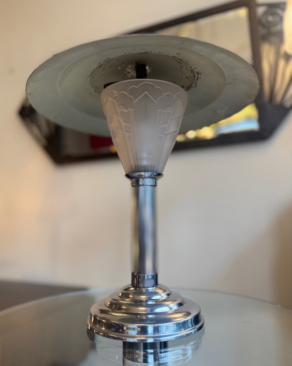 Lampe Art Déco Moderniste en métal chromé et verre pressé / Réflecteur pivotant ( deco 1930 ) -photo-7