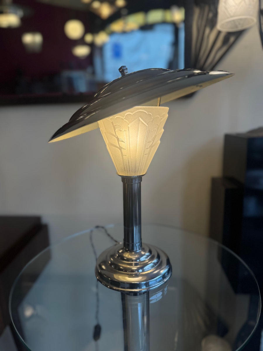 Lampe Art Déco Moderniste en métal chromé et verre pressé / Réflecteur pivotant ( deco 1930 ) -photo-1