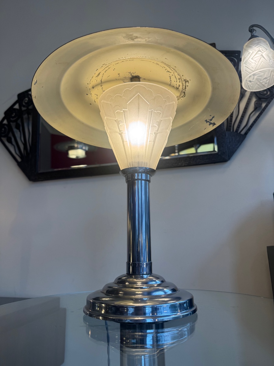 Lampe Art Déco Moderniste en métal chromé et verre pressé / Réflecteur pivotant ( deco 1930 ) -photo-2