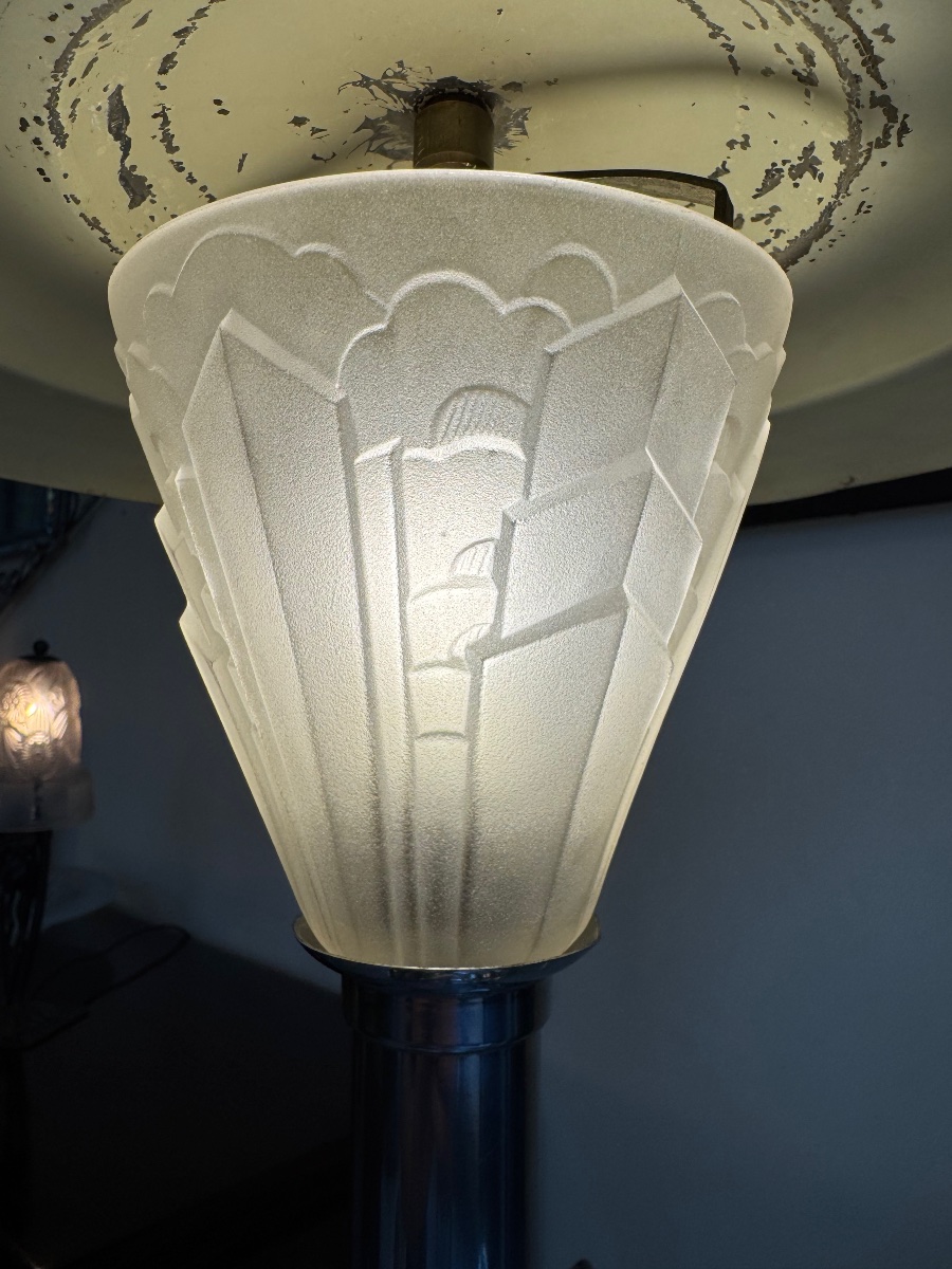 Lampe Art Déco Moderniste en métal chromé et verre pressé / Réflecteur pivotant ( deco 1930 ) -photo-3