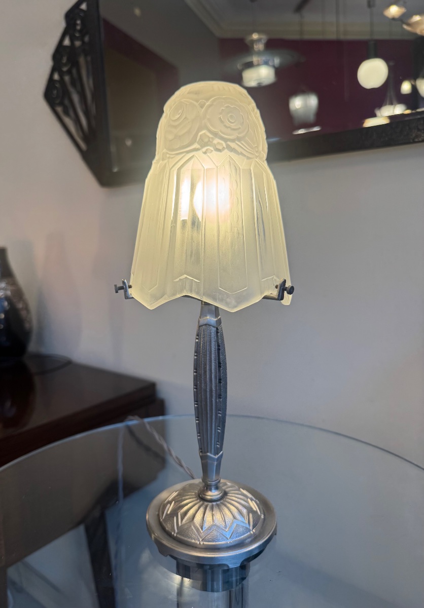 Art Deco Table Lamp By Pierre Maynadier (1888–1948) / Nickel-plated Bronze (1930s Art Deco Lamps) -photo-2