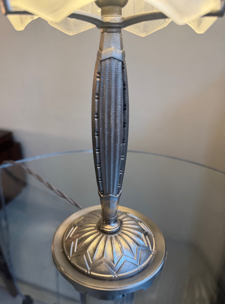 Art Deco Table Lamp By Pierre Maynadier (1888–1948) / Nickel-plated Bronze (1930s Art Deco Lamps) -photo-1