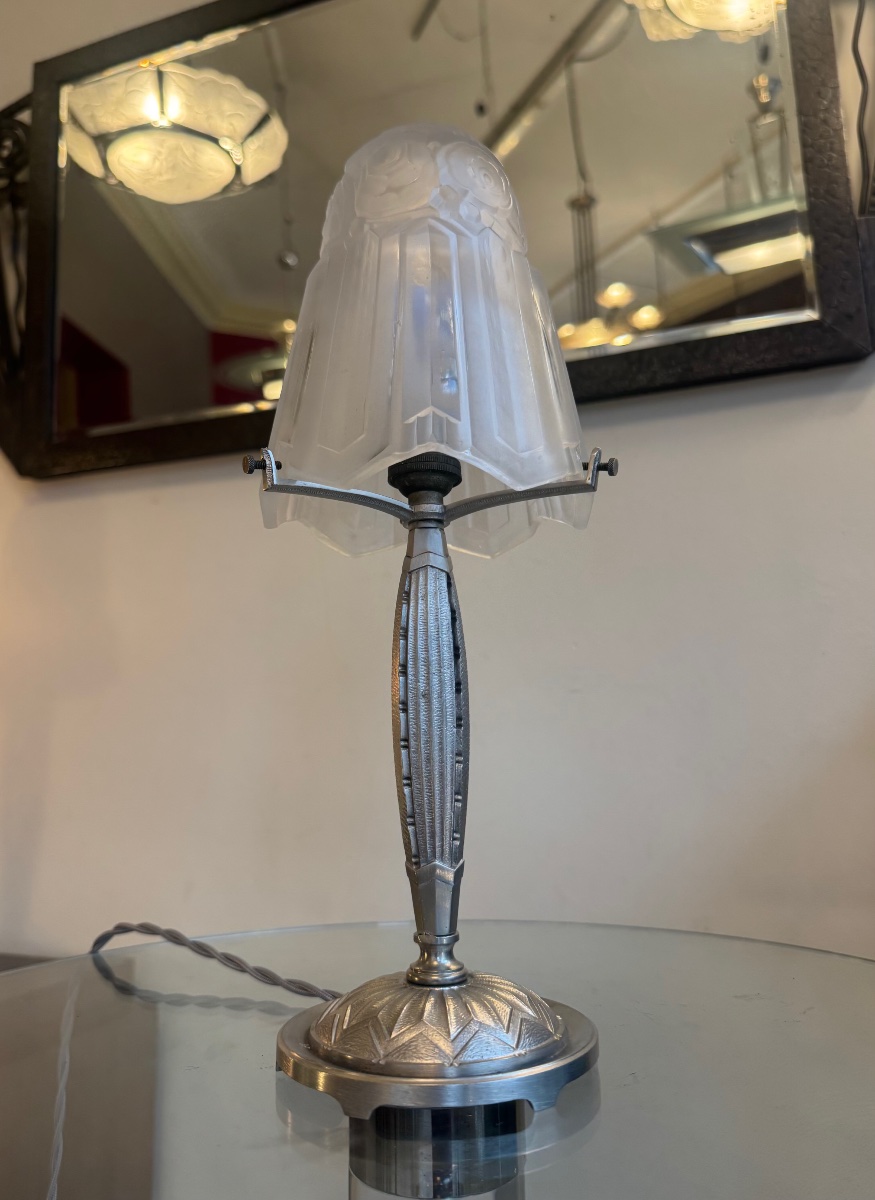 Art Deco Table Lamp By Pierre Maynadier (1888–1948) / Nickel-plated Bronze (1930s Art Deco Lamps) -photo-5