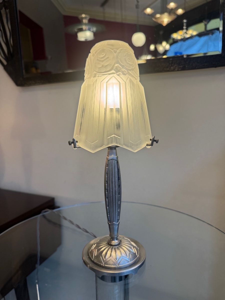 Art Deco Table Lamp By Pierre Maynadier (1888–1948) / Nickel-plated Bronze (1930s Art Deco Lamps) 