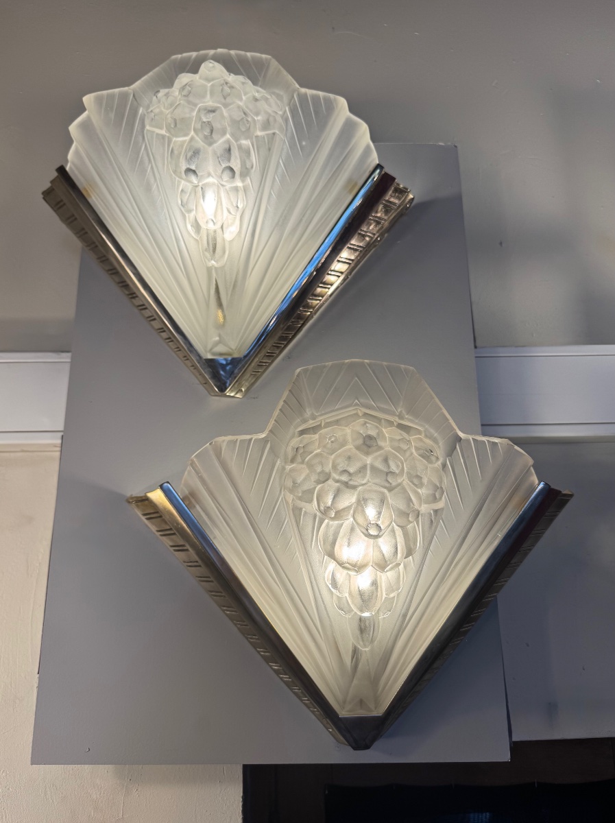 Important Pair Of Wall Sconces (set Of Four)   Art Deco, Signed Petitot France  (1930s) 