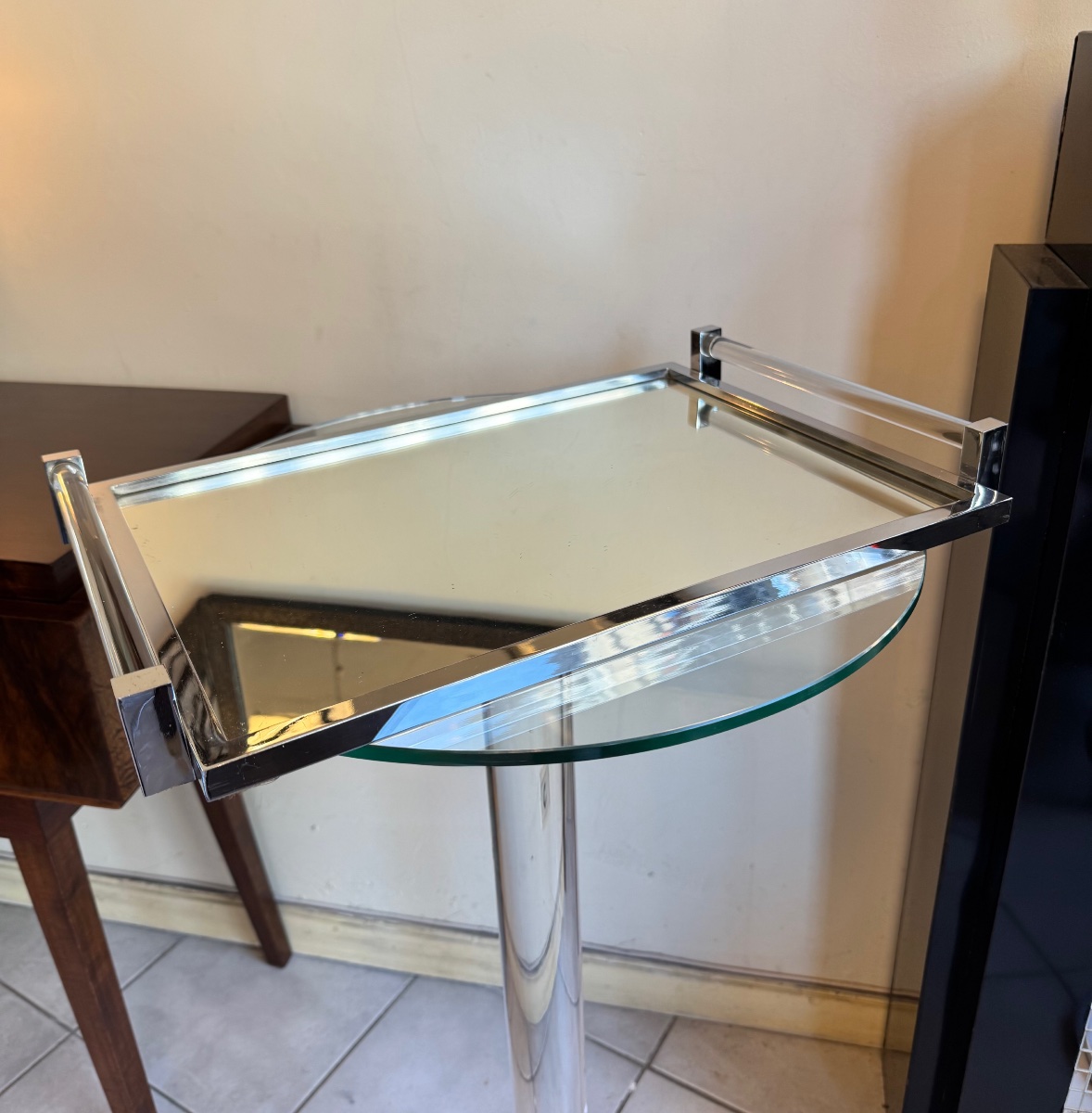 Large Art Deco Modernist Tray With A Tubular Glass And Chrome-plated Metal Frame (1930s Art Deco) -photo-2