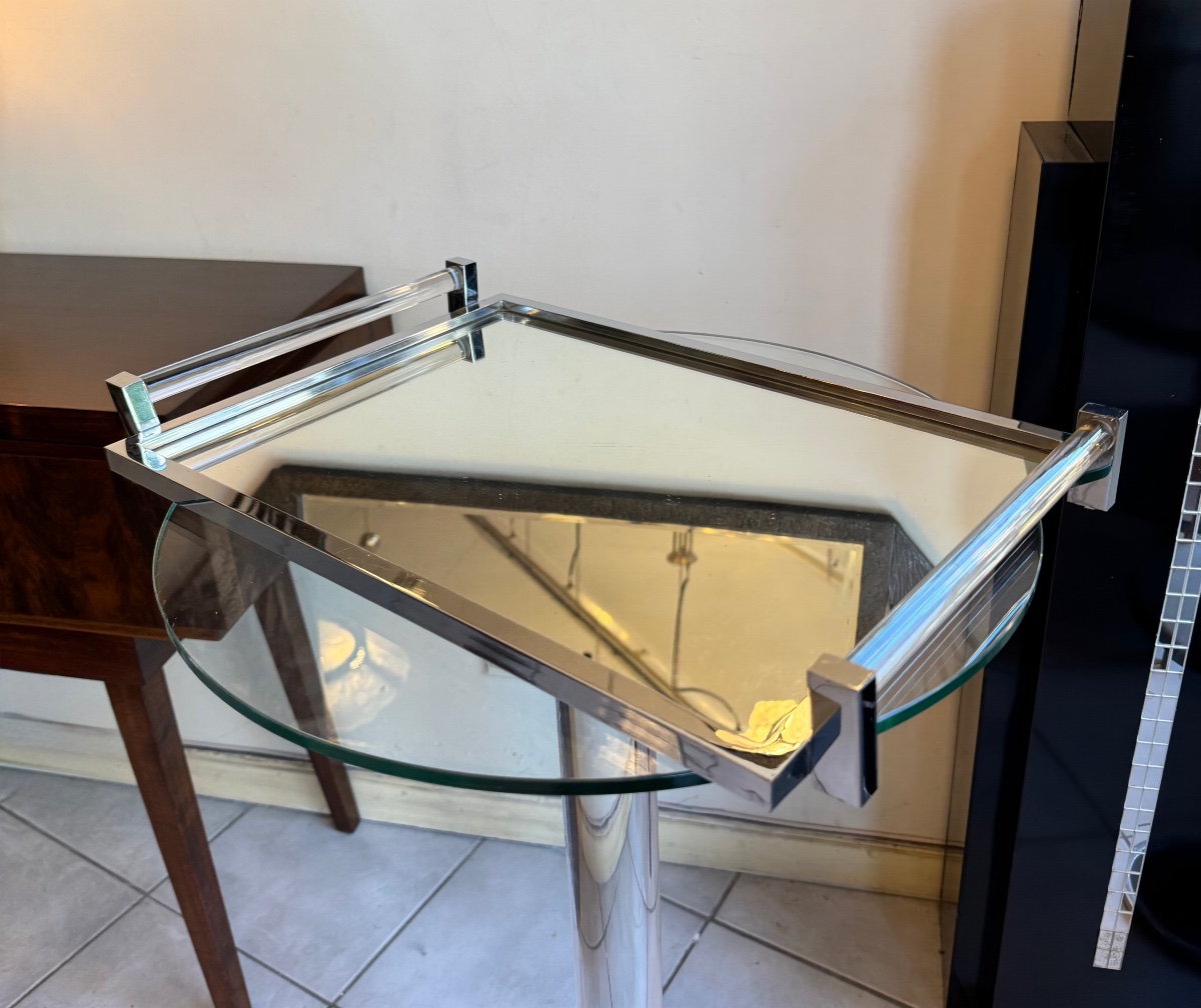 Large Art Deco Modernist Tray With A Tubular Glass And Chrome-plated Metal Frame (1930s Art Deco) -photo-3