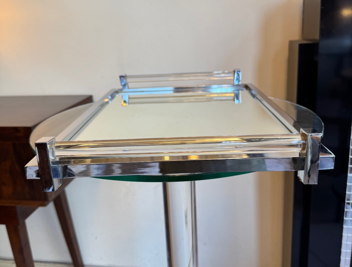 Large Art Deco Modernist Tray With A Tubular Glass And Chrome-plated Metal Frame (1930s Art Deco) -photo-1