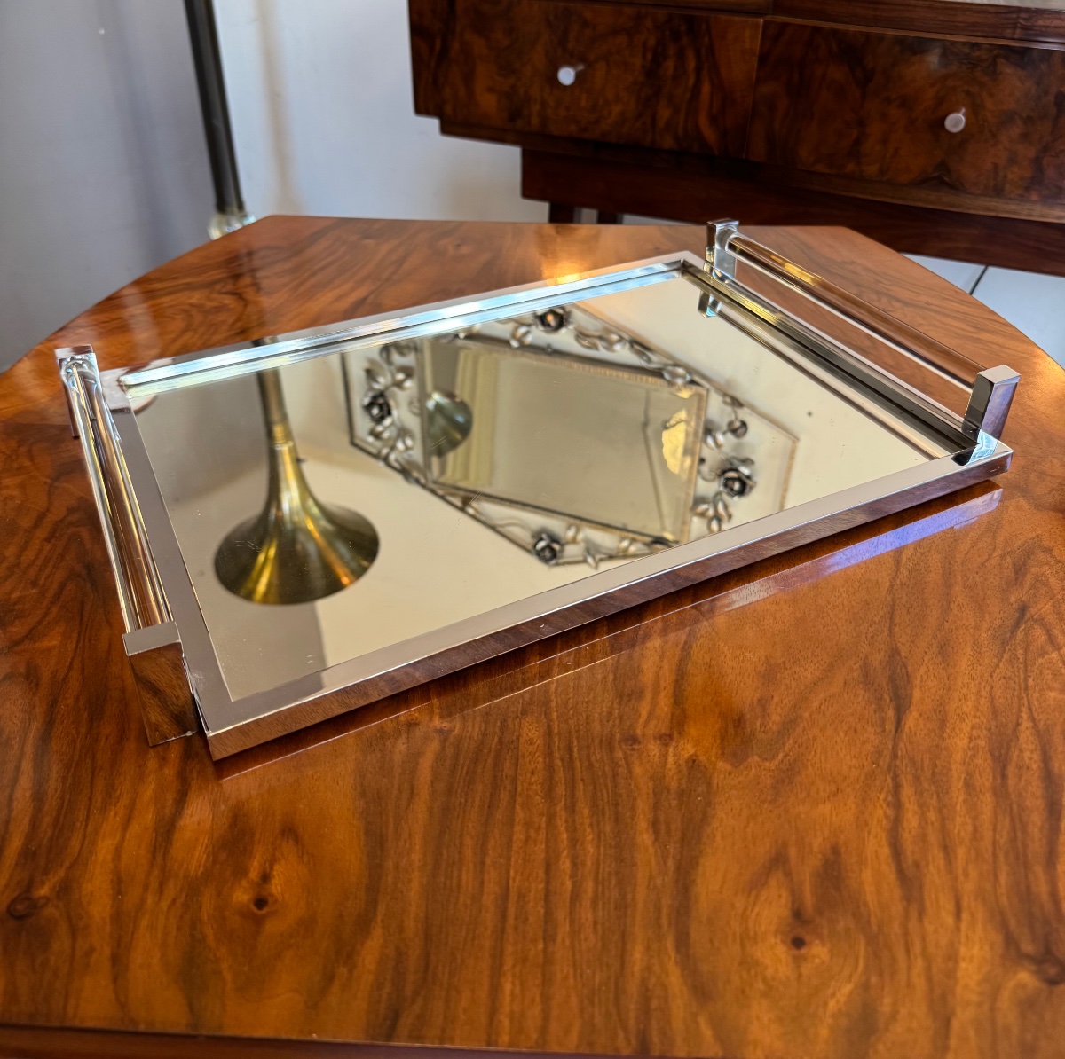 Large Art Deco Modernist Tray With A Tubular Glass And Chrome-plated Metal Frame (1930s Art Deco) -photo-4