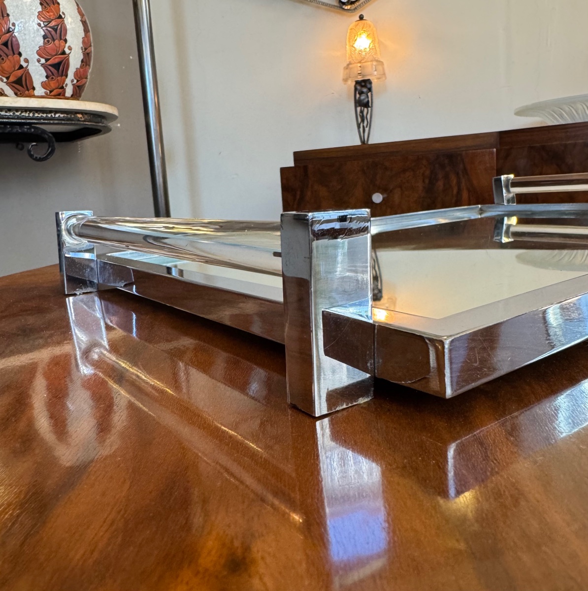 Large Art Deco Modernist Tray With A Tubular Glass And Chrome-plated Metal Frame (1930s Art Deco) -photo-7