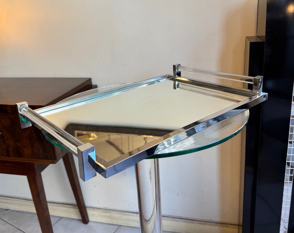 Large Art Deco Modernist Tray With A Tubular Glass And Chrome-plated Metal Frame (1930s Art Deco) 