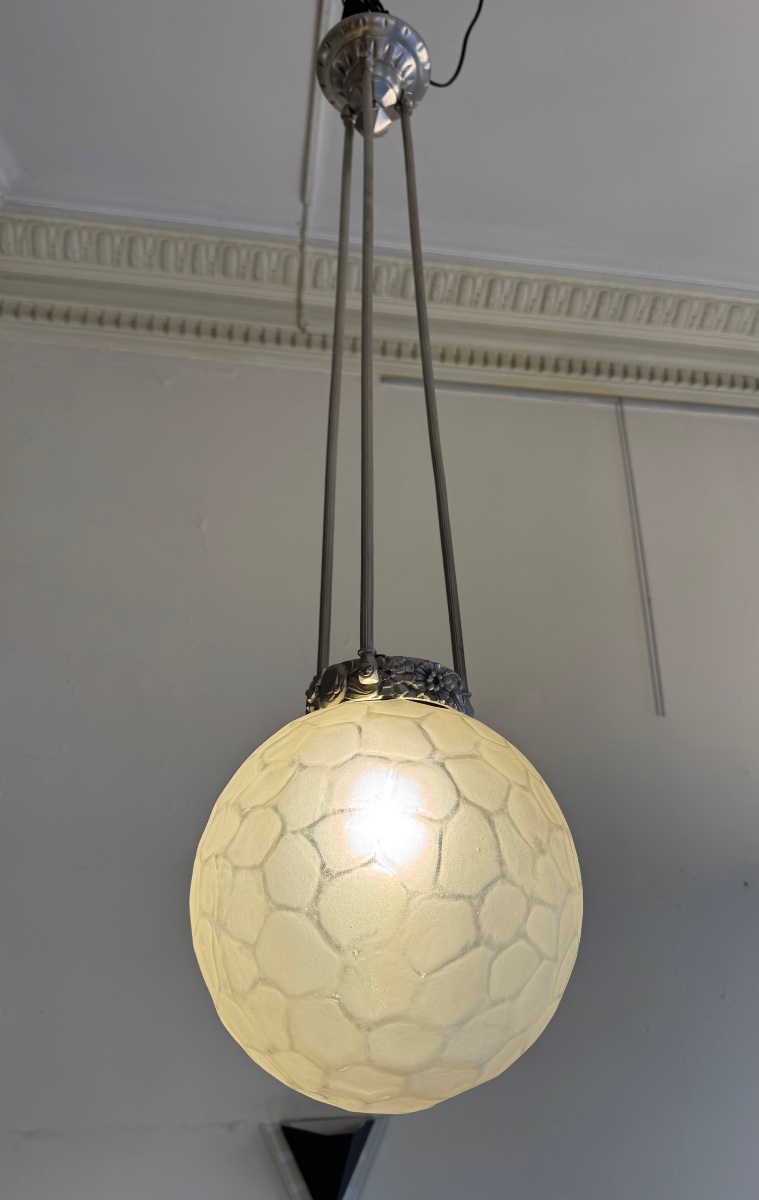 Grande Suspension Art Déco «  Boule à facettes » Genet & Michon / bronze nickelé ( deco 1930 ) -photo-2